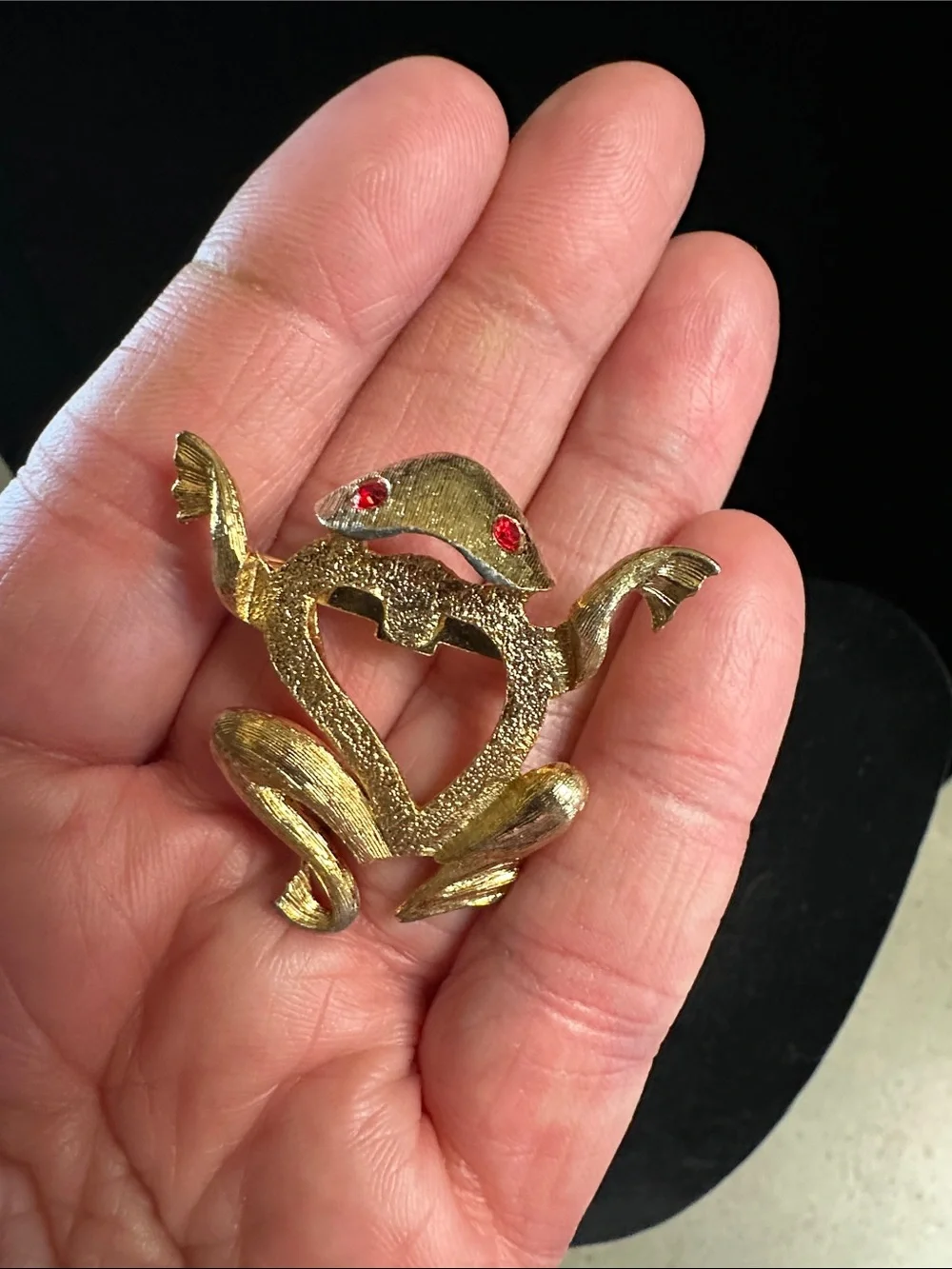 Vintage JJ Gold-Tone Frog Brooch With Red Rhinestone Eyes
